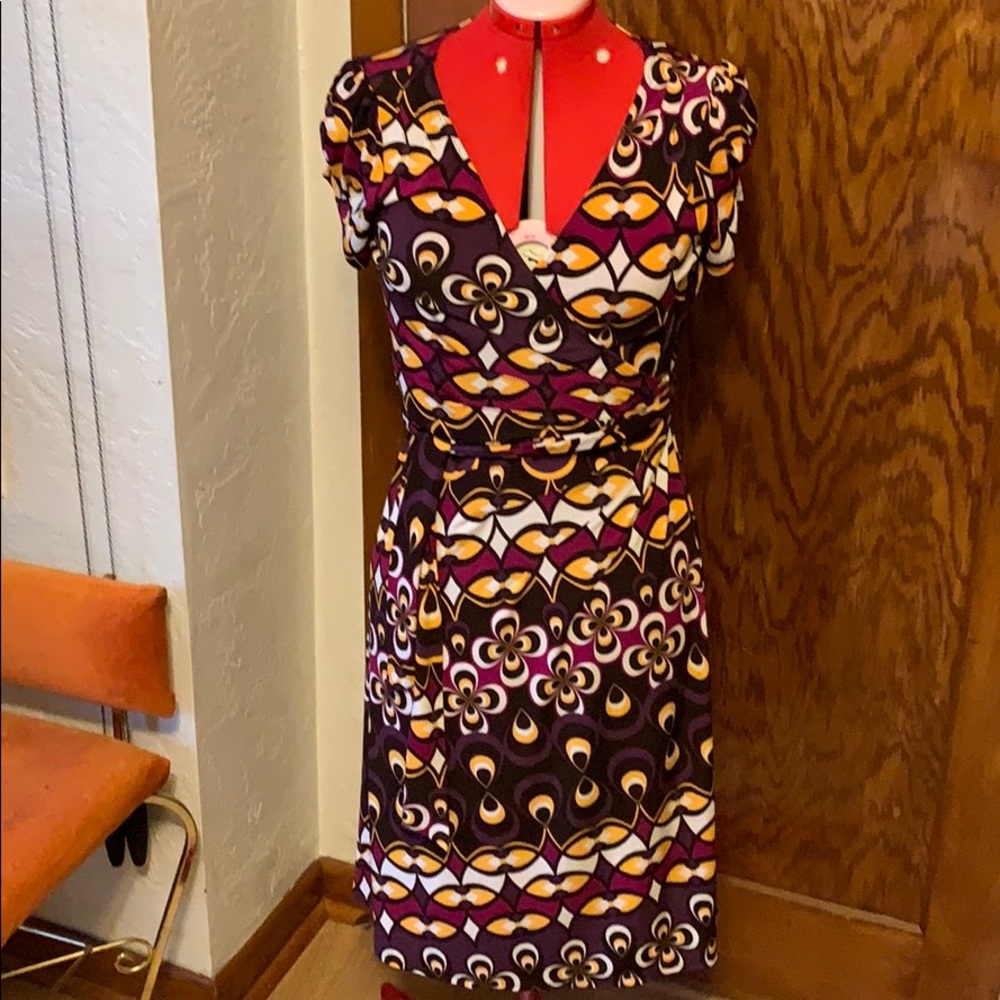 Bison Bisou Y2K geometric purple yellow wrap dress